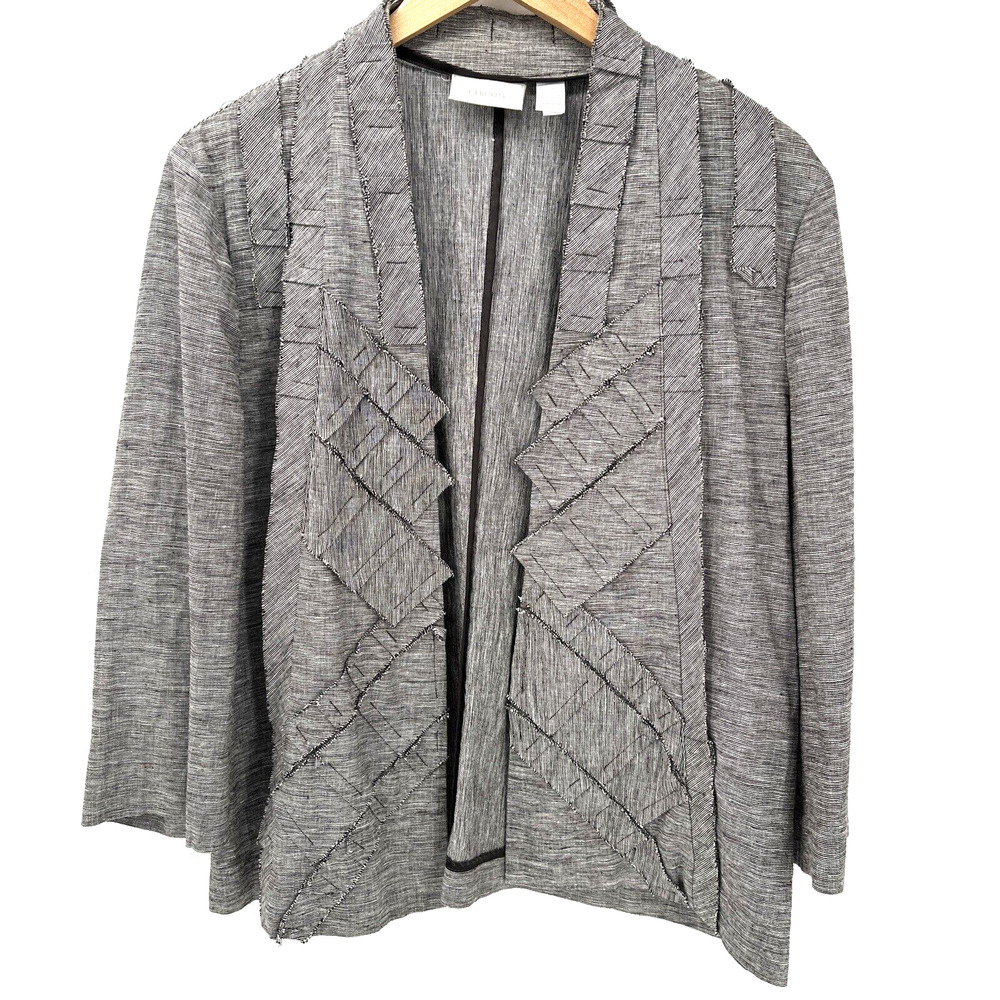 Chicos Blazer Womens Large Open‎ Jacket Brown Linen Cotton 3/4 Sleeves